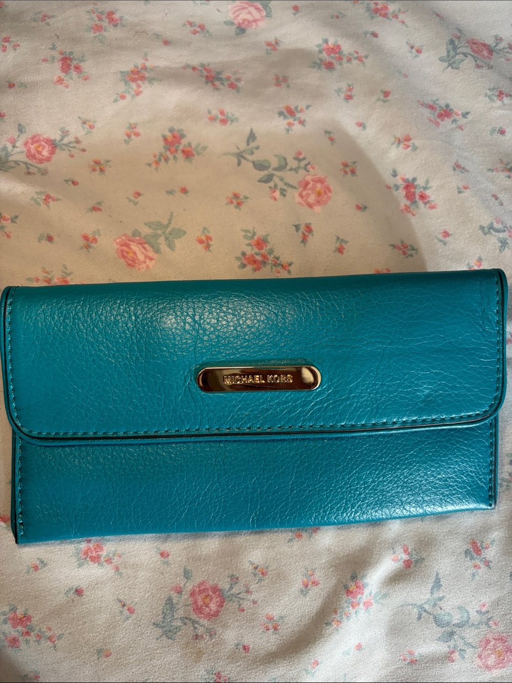 Michael Kors Turquoise Leather Continental Wallet with Gold Plaque